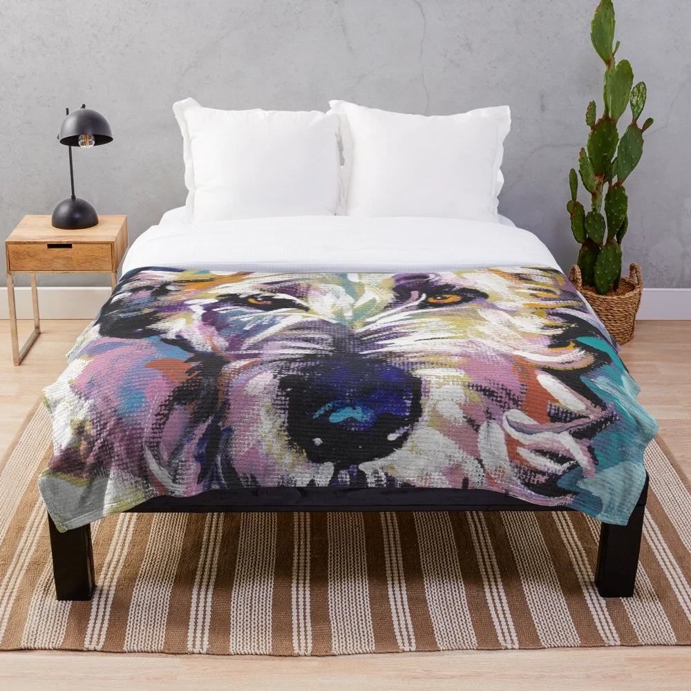 Colorful Irish Wolfhound dog portrait on a plush blanket