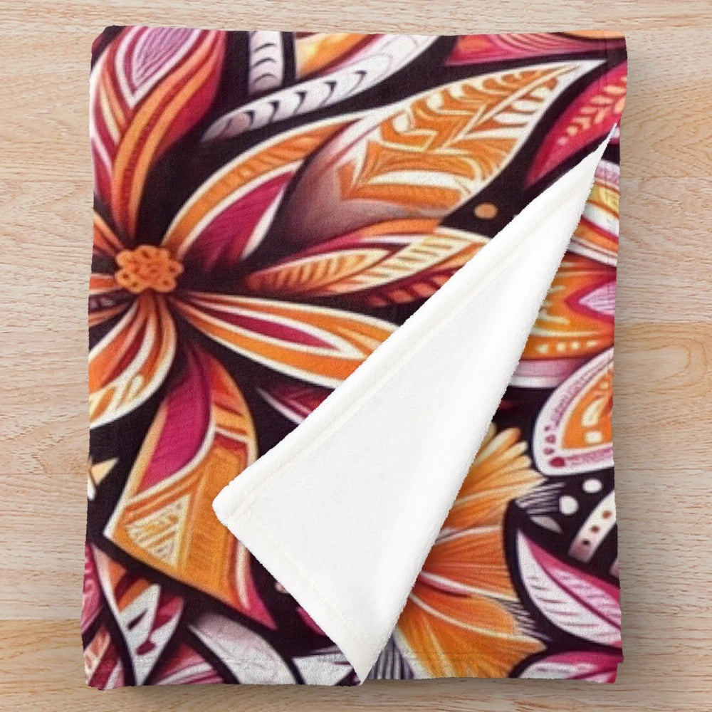 Tropical floral pattern plush blanket in warm tones of pink and orange
