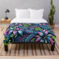 Vibrant electric island blossoms plush blanket with tropical floral pattern