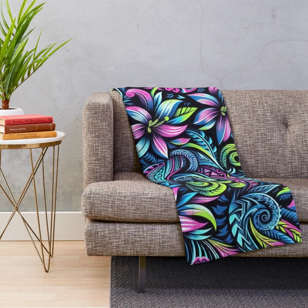 Vibrant electric island blossoms plush blanket with tropical floral pattern