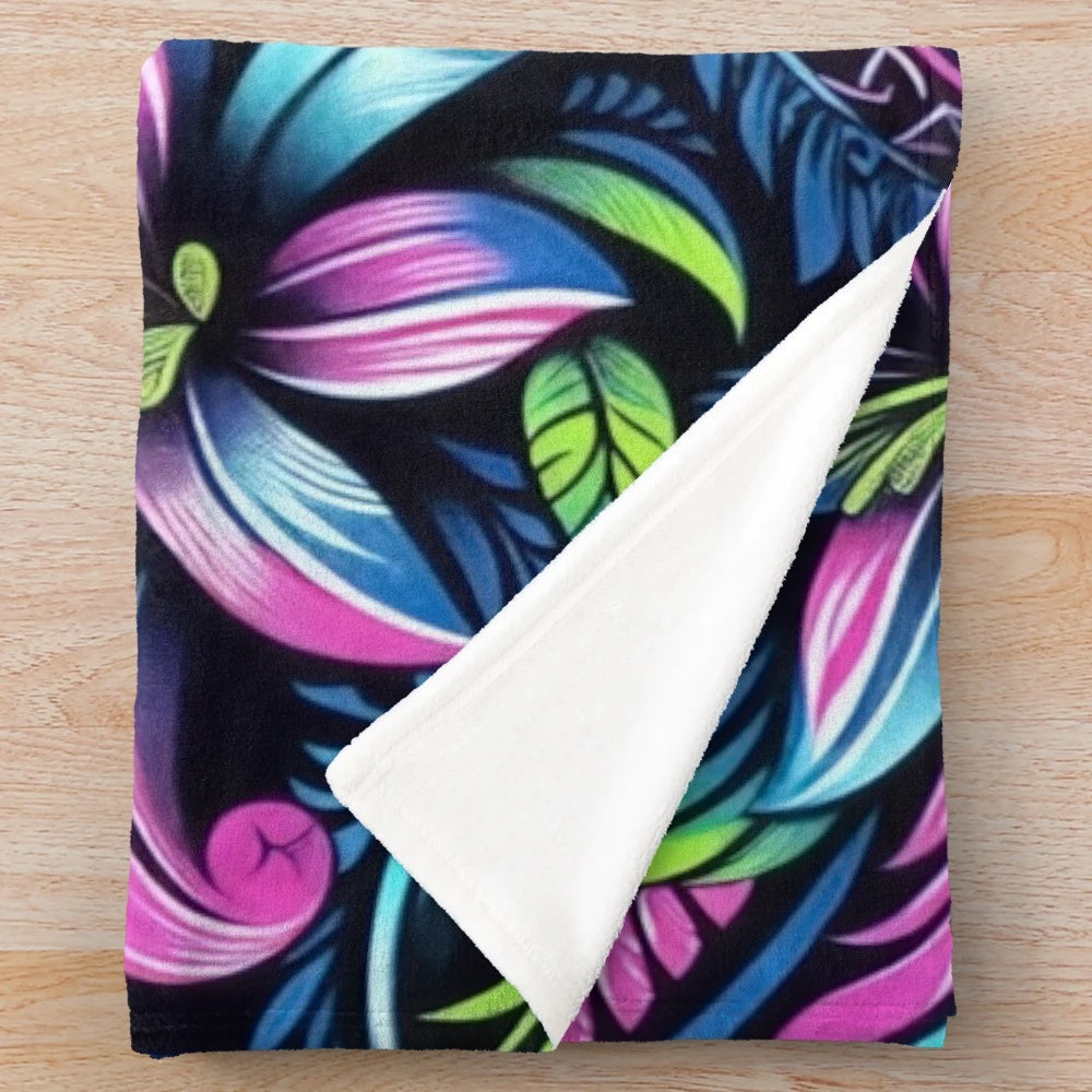 Vibrant electric island blossoms plush blanket with tropical floral pattern