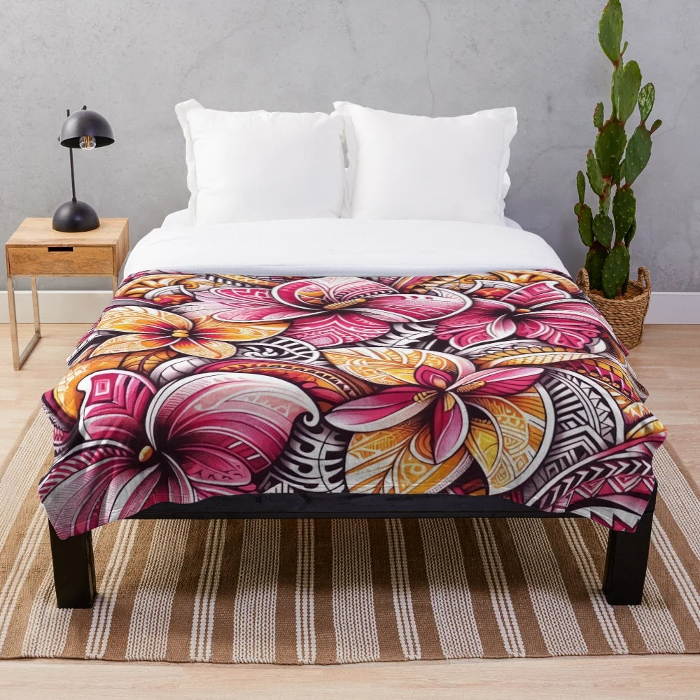 Vibrant Island-Inspired Plush Blanket featuring tropical floral and tribal patterns