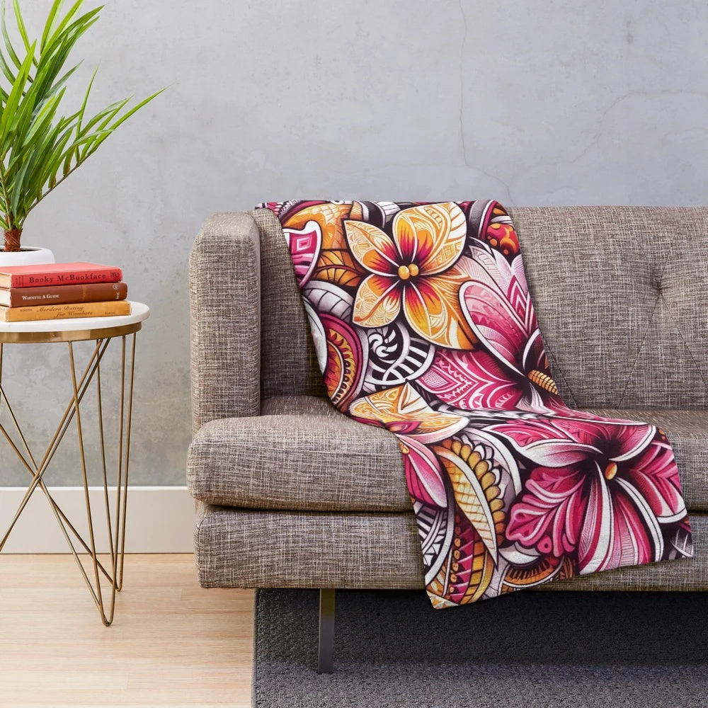 Vibrant Island-Inspired Plush Blanket featuring tropical floral and tribal patterns