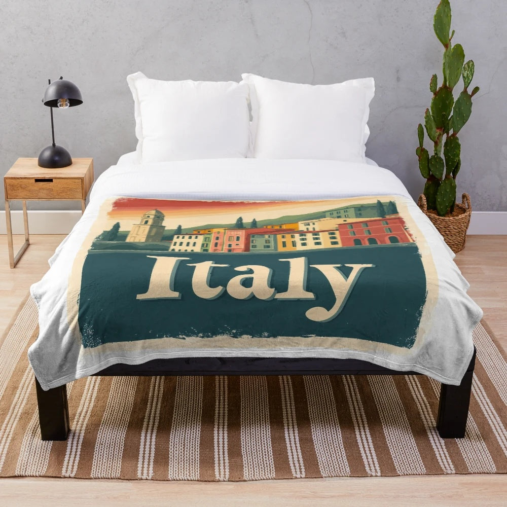 Plush blanket featuring a retro, abstract design of an Italian town