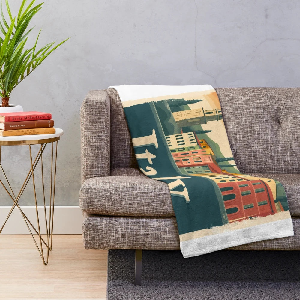 Plush blanket featuring a retro, abstract design of an Italian town