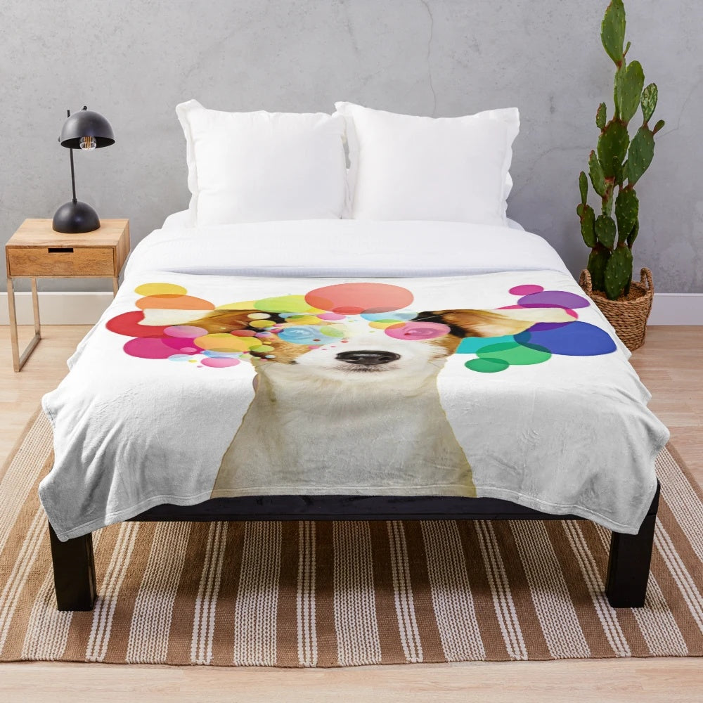Colorful pop art inspired plush blanket featuring a jack russell terrier