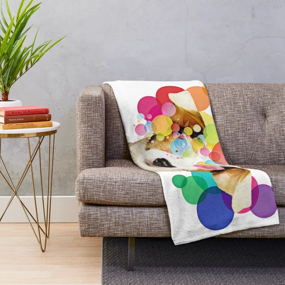 Colorful pop art inspired plush blanket featuring a jack russell terrier