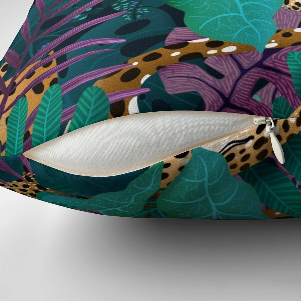 Plush jaguar-patterned pillow with lush tropical foliage design