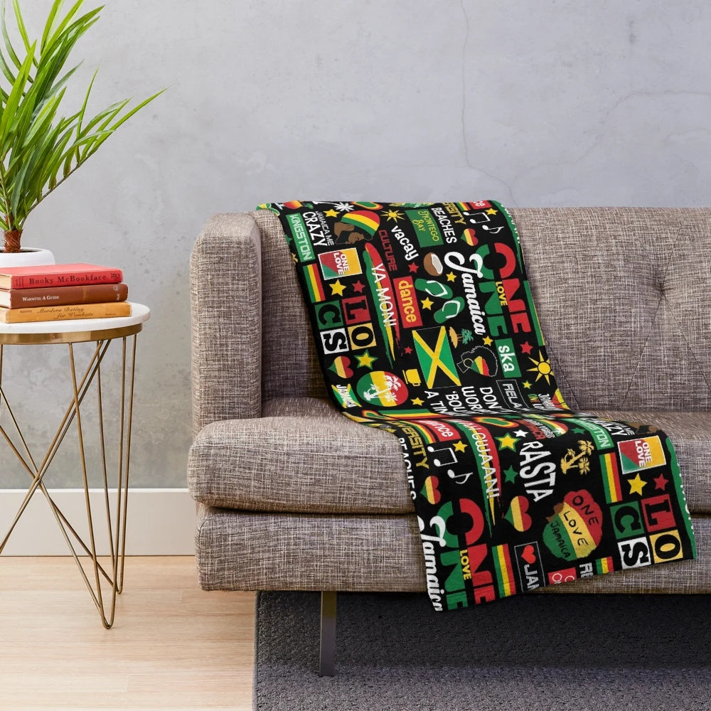 Vibrant Jamaica-Inspired Plush Blanket with Cultural Patterns and Rasta Themes