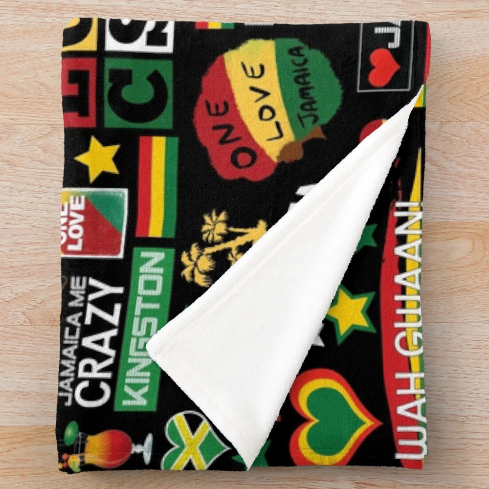 Vibrant Jamaica-Inspired Plush Blanket with Cultural Patterns and Rasta Themes