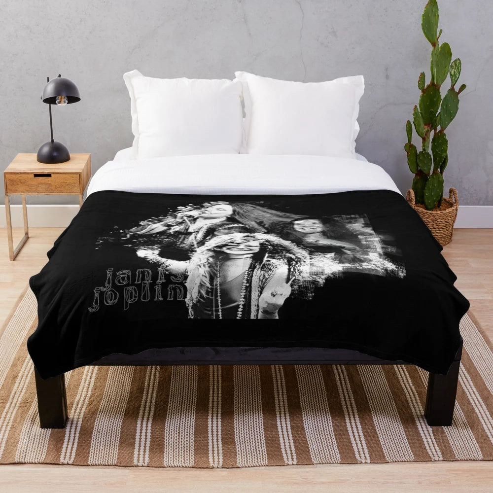 Digital portrait of Janis Joplin in colorful psychedelic pop art style on a plush blanket