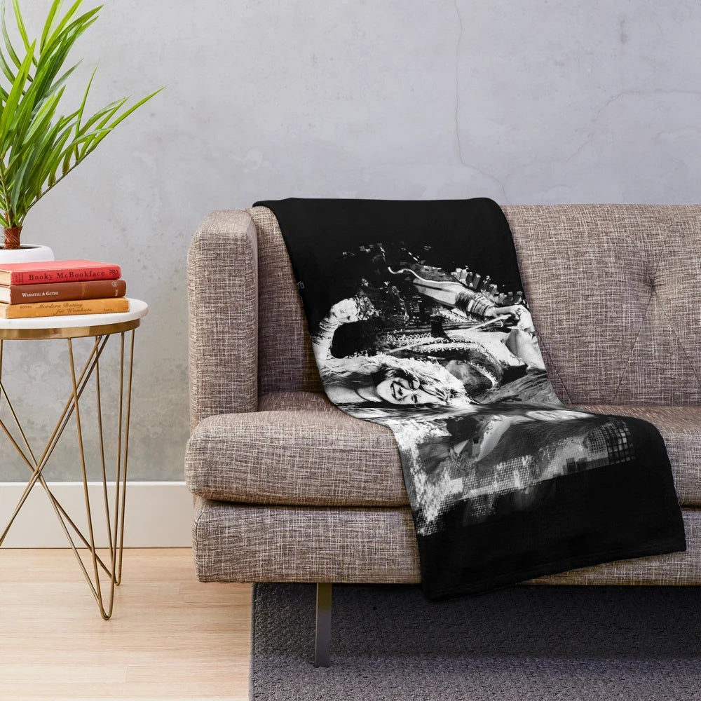 Digital portrait of Janis Joplin in colorful psychedelic pop art style on a plush blanket