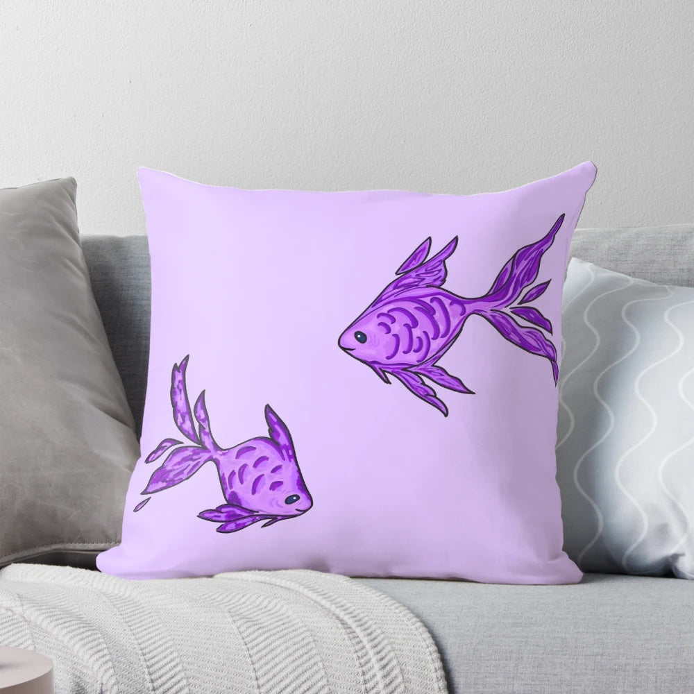 Colorful purple and pink fish pattern on a soft, plush throw pillow