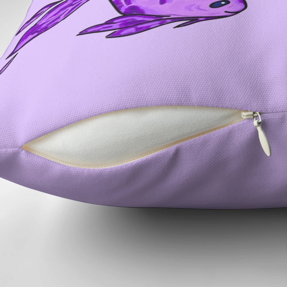 Colorful purple and pink fish pattern on a soft, plush throw pillow