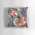 Decorative pillow featuring a vibrant Japanese-inspired design with flying cranes, floral patterns, and ocean waves in red, navy blue, and other colors.