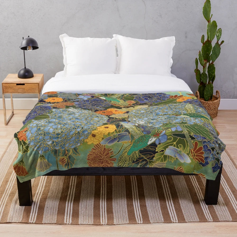 Vibrant Japanese-inspired floral plush blanket featuring watercolor hydrangeas and humming birds