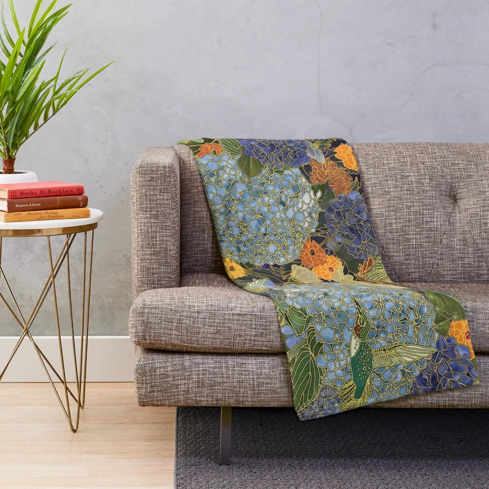 Vibrant Japanese-inspired floral plush blanket featuring watercolor hydrangeas and humming birds