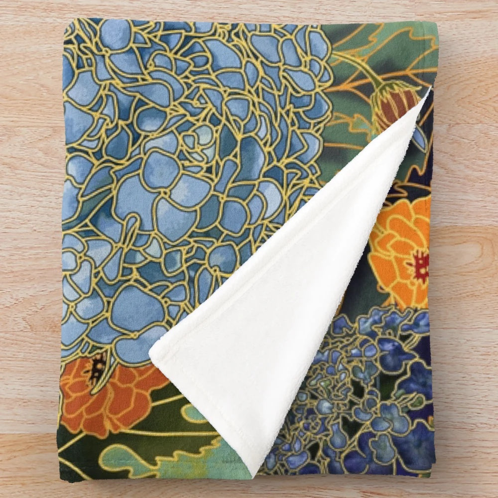Vibrant Japanese-inspired floral plush blanket featuring watercolor hydrangeas and humming birds