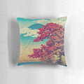 Vibrant Japanese-inspired nature landscape pillow with mountain, lake, and cloud design