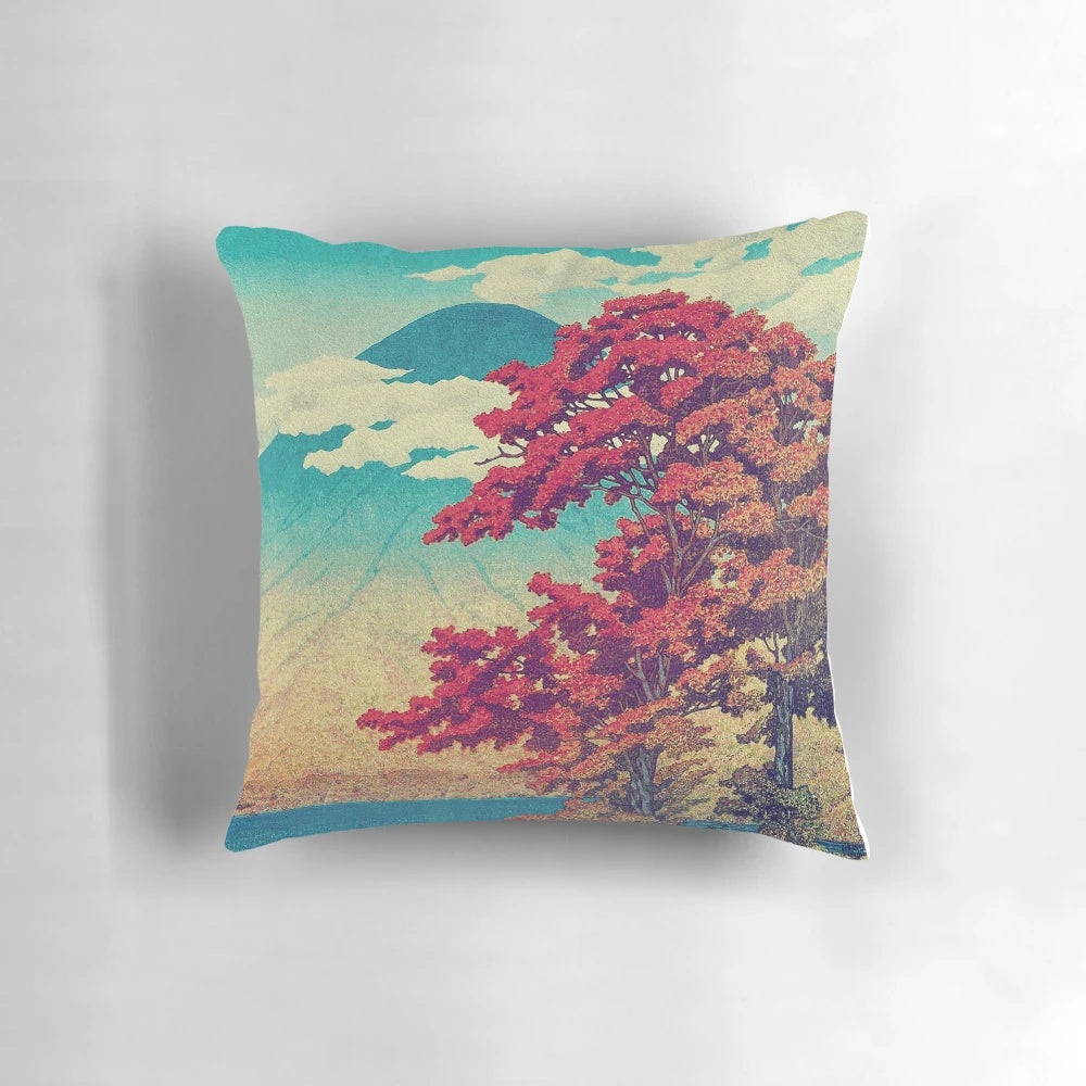 Vibrant Japanese-inspired nature landscape pillow with mountain, lake, and cloud design