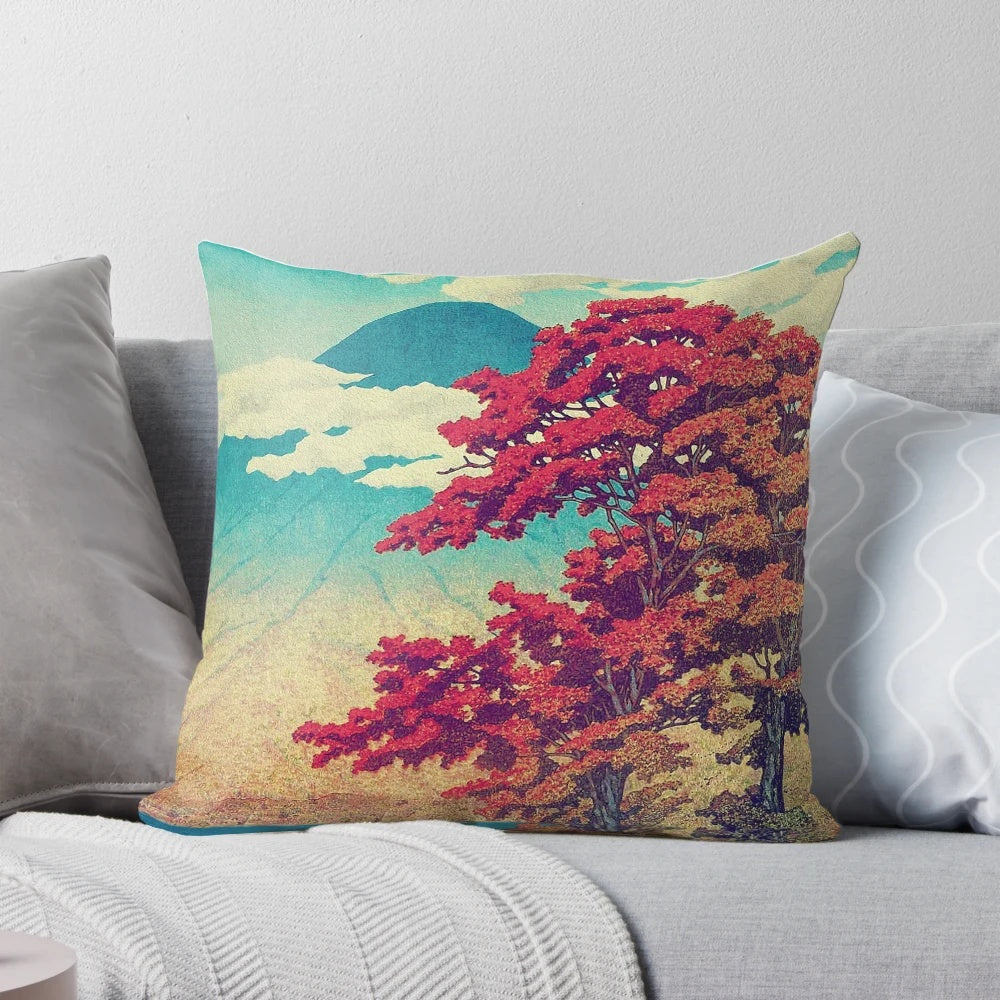 Vibrant Japanese-inspired nature landscape pillow with mountain, lake, and cloud design