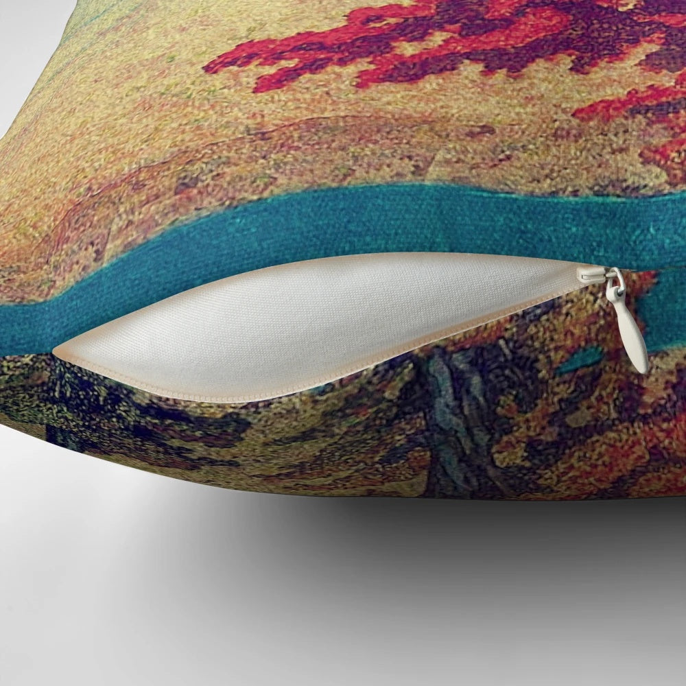 Vibrant Japanese-inspired nature landscape pillow with mountain, lake, and cloud design