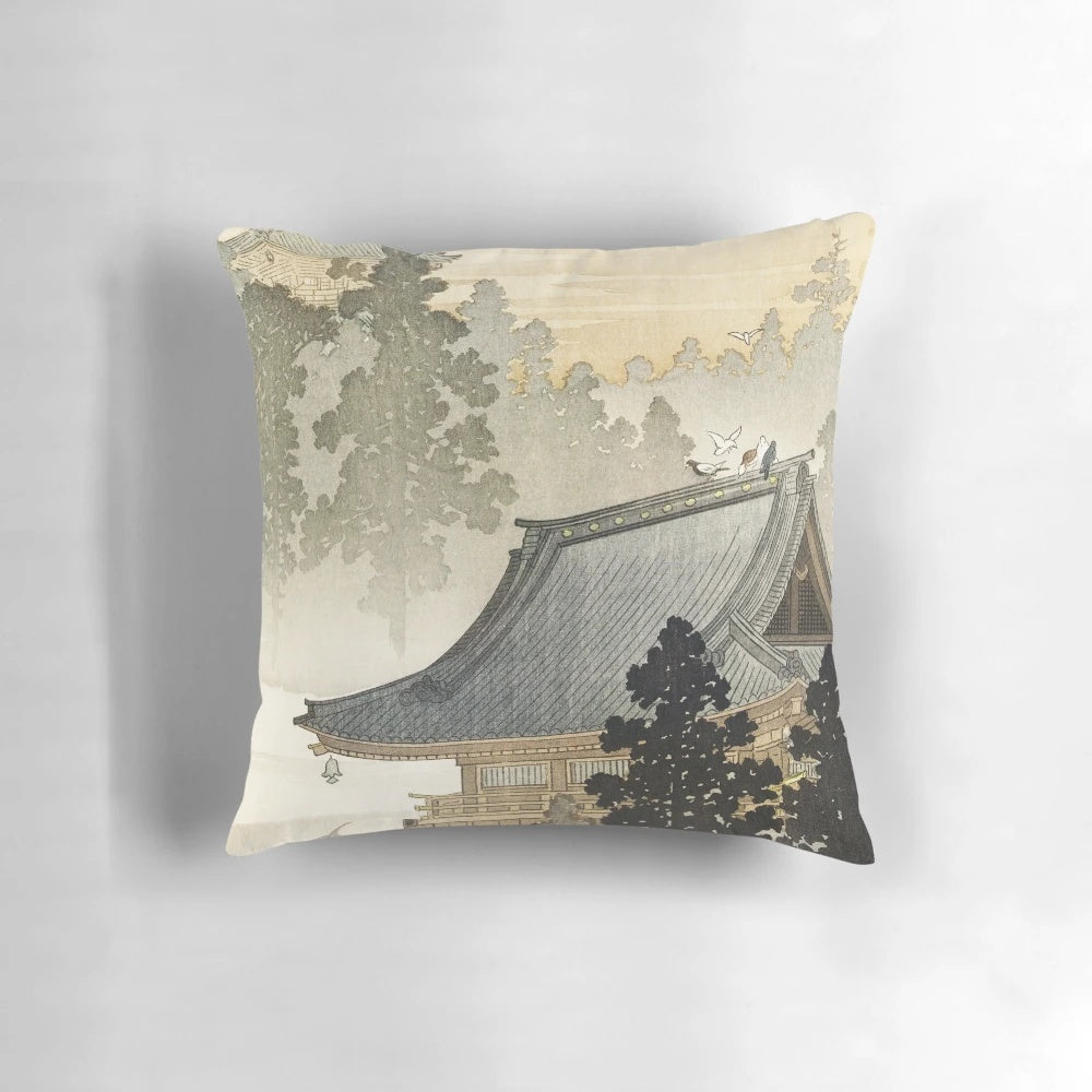 Vibrant pillow with Japanese-inspired pagoda, trees, birds, and rainbow landscape design