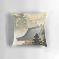 Vibrant pillow with Japanese-inspired pagoda, trees, birds, and rainbow landscape design