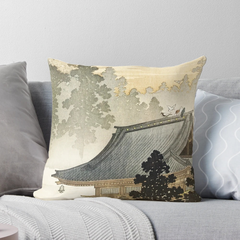 Vibrant pillow with Japanese-inspired pagoda, trees, birds, and rainbow landscape design