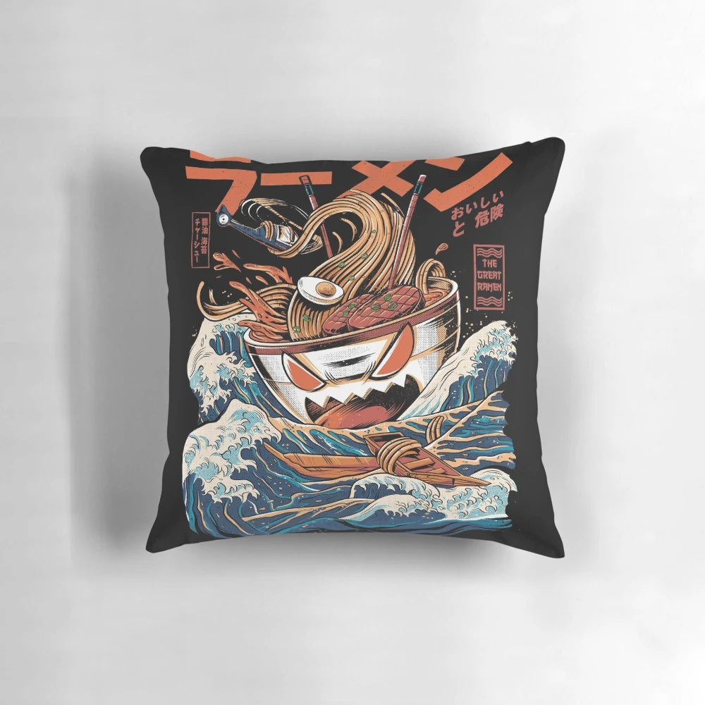 Colorful anime-style ramen noodle pillow with a retro wave pattern and playful monster design