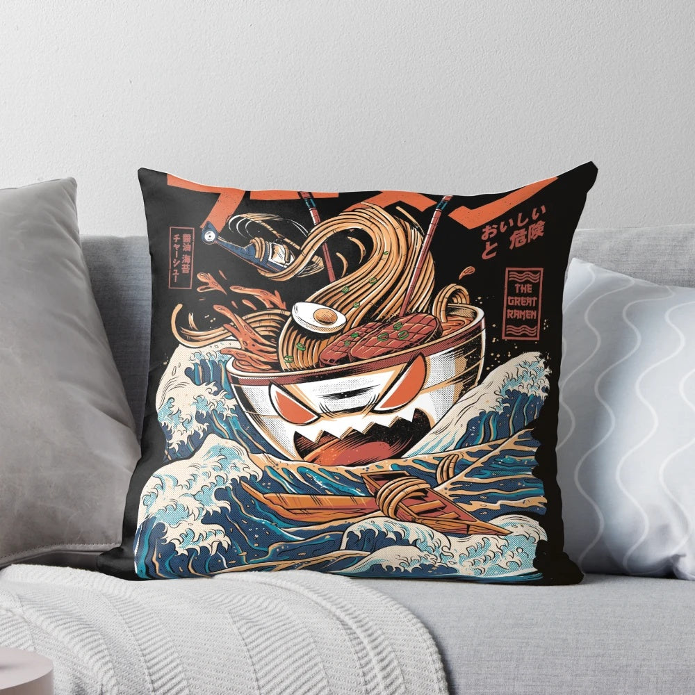 Colorful anime-style ramen noodle pillow with a retro wave pattern and playful monster design