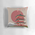 A vibrant Japanese landscape pillow featuring a traditional pagoda, Japanese architecture, and a serene sun.