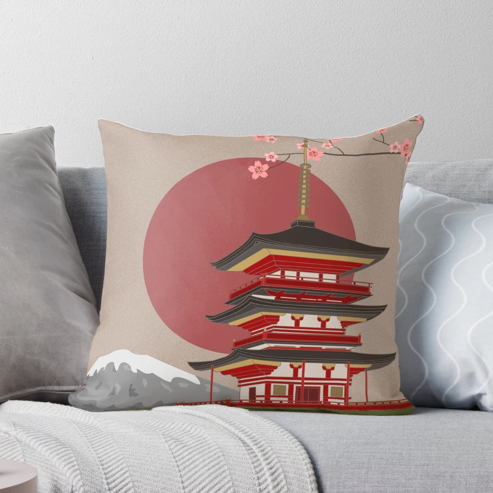 A vibrant Japanese landscape pillow featuring a traditional pagoda, Japanese architecture, and a serene sun.