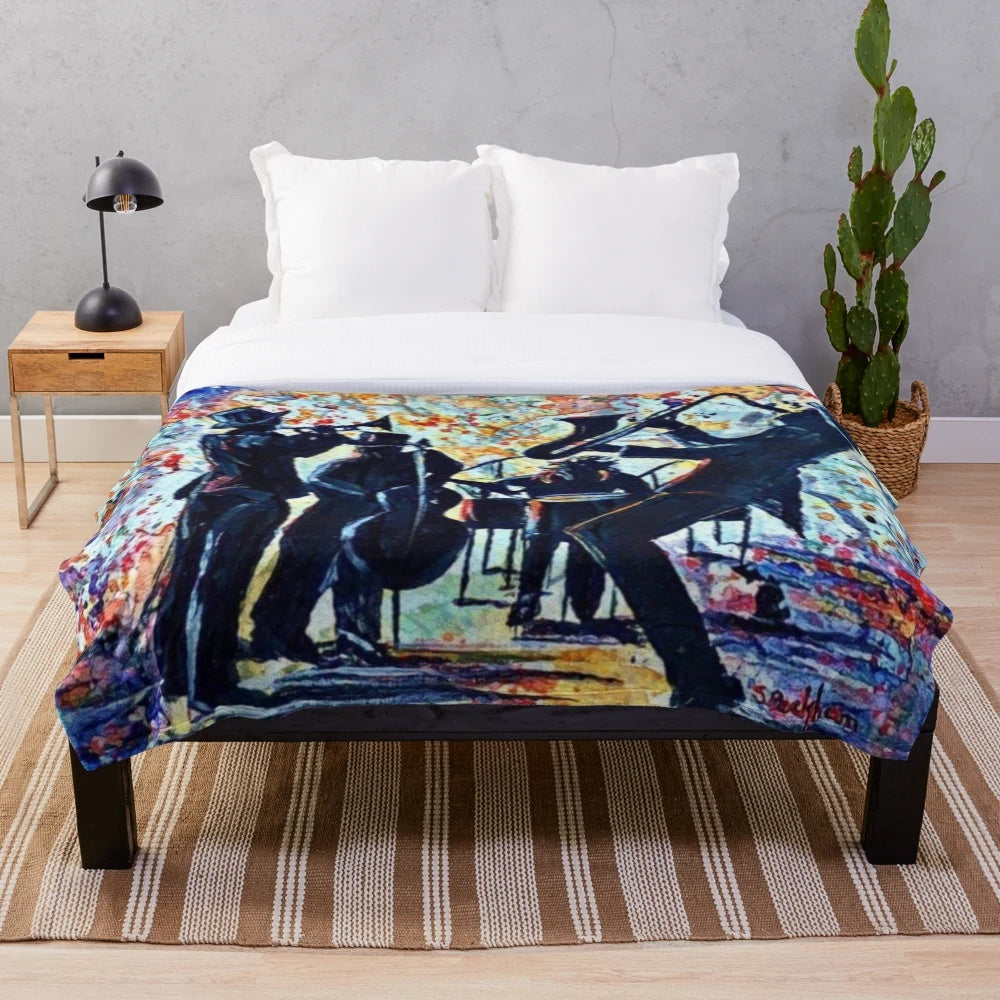 Vibrant jazz-inspired plush blanket with musical instruments