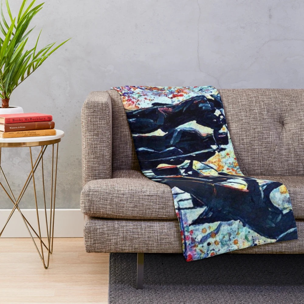 Vibrant jazz-inspired plush blanket with musical instruments
