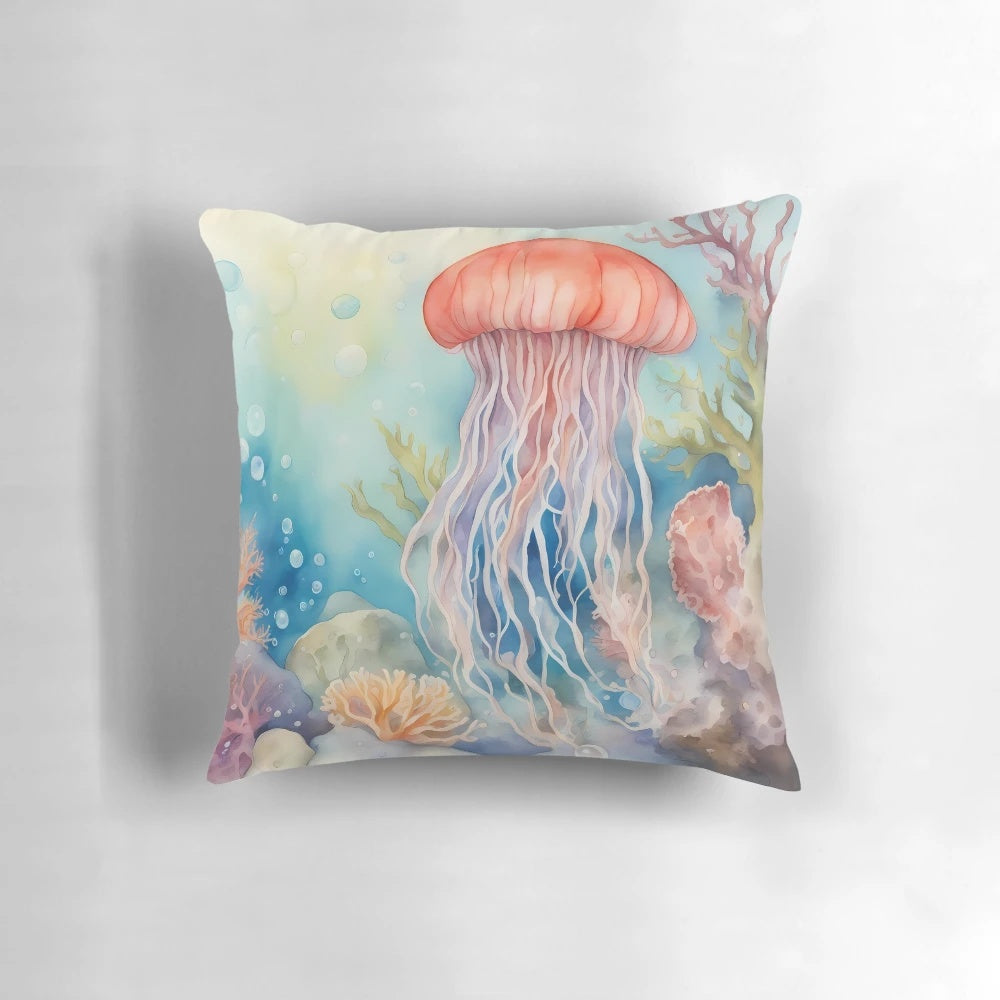 Colorful illustration of jellyfish swimming in a coral reef underwater landscape on a plush pillow