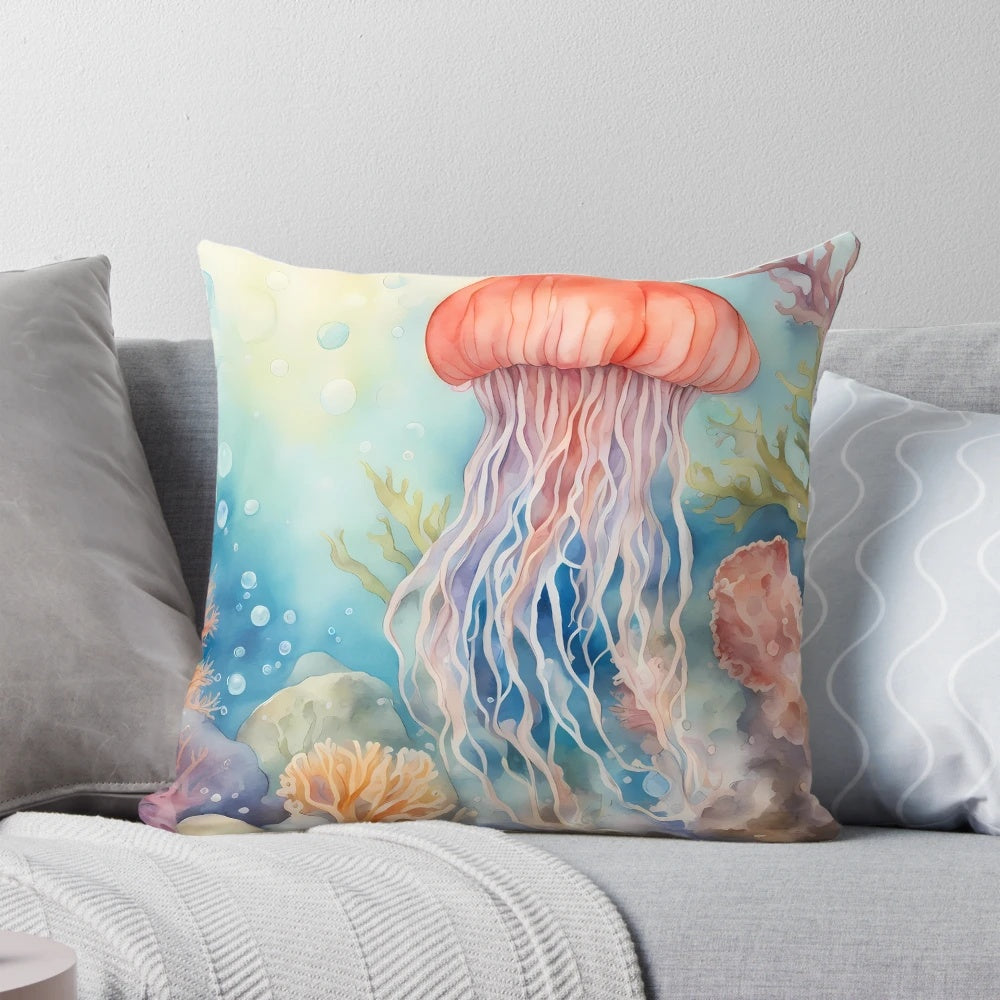 Colorful illustration of jellyfish swimming in a coral reef underwater landscape on a plush pillow
