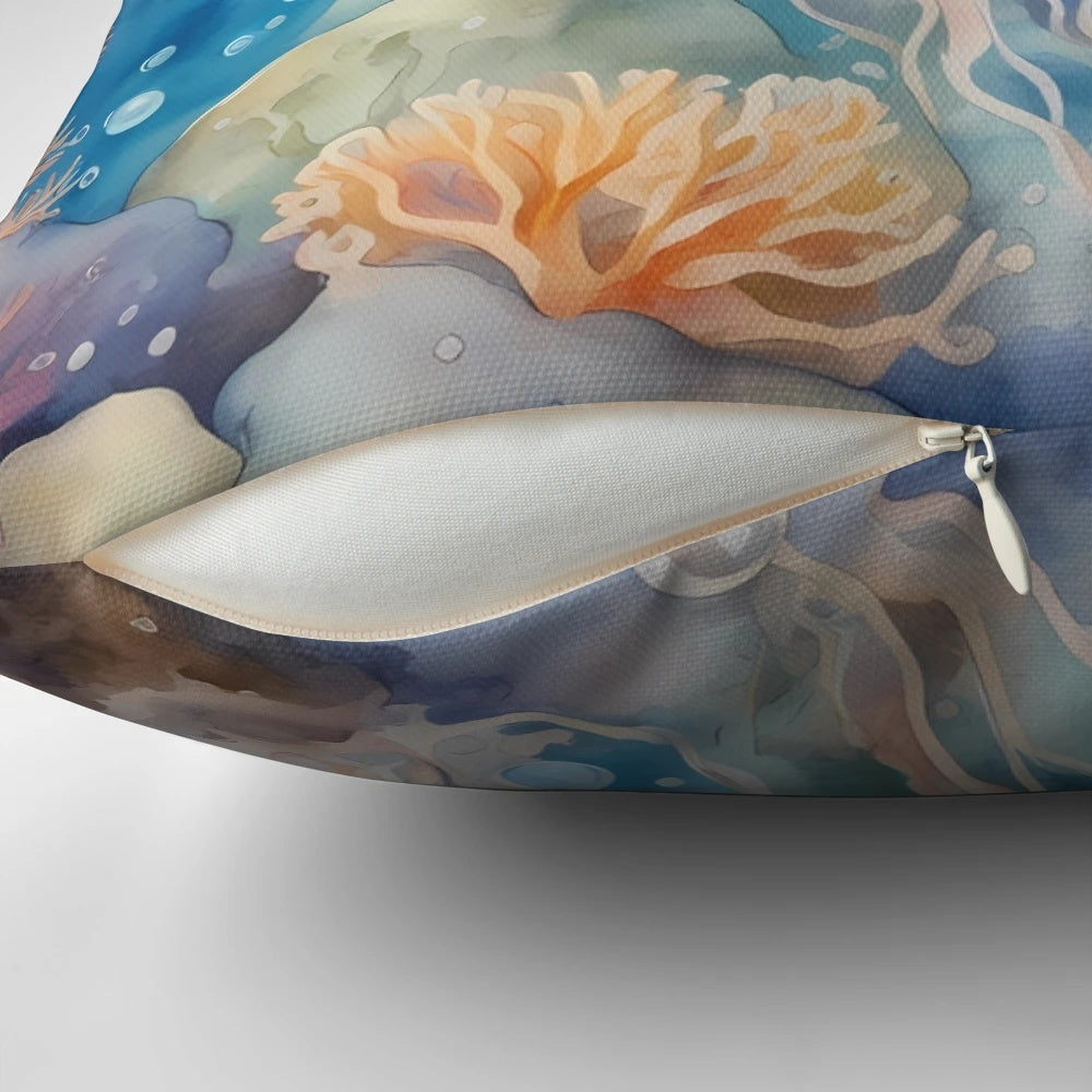 Colorful illustration of jellyfish swimming in a coral reef underwater landscape on a plush pillow