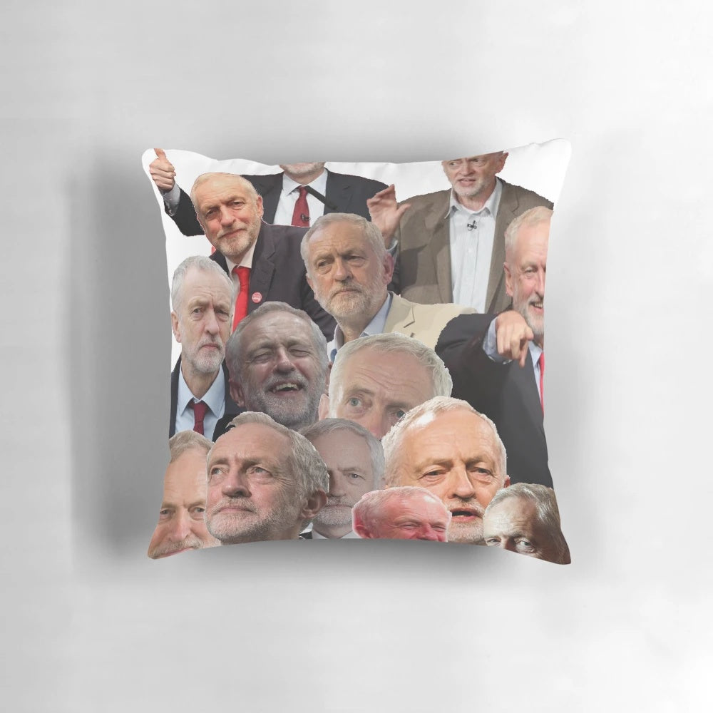 Colorful collage-style throw pillow featuring an image of British Labour Party leader Jeremy Corbyn