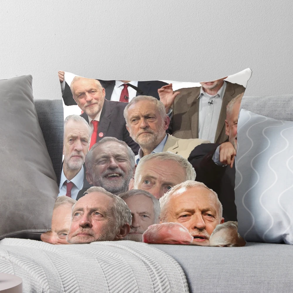 Colorful collage-style throw pillow featuring an image of British Labour Party leader Jeremy Corbyn