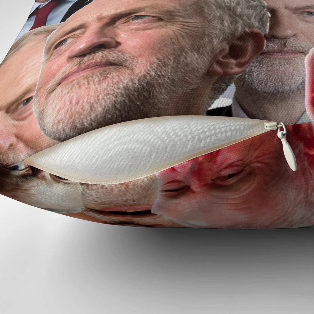 Colorful collage-style throw pillow featuring an image of British Labour Party leader Jeremy Corbyn