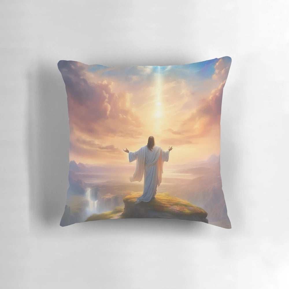 A colorful, artistic pillow featuring an image of Jesus Christ in a stained glass style.
