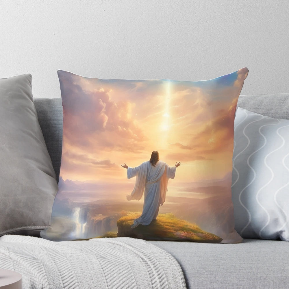 A colorful, artistic pillow featuring an image of Jesus Christ in a stained glass style.