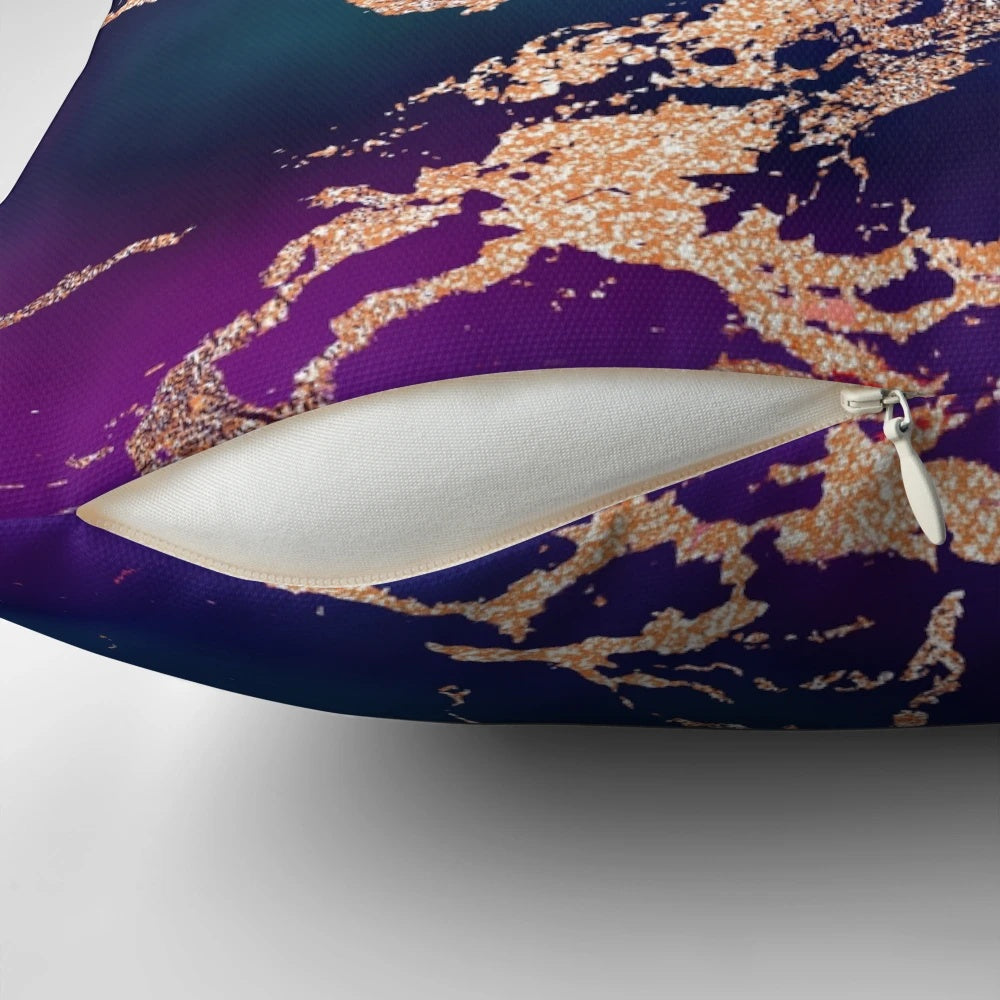 Vibrant jewel tone rose gold marble pillow in shades of turquoise, blue, and purple