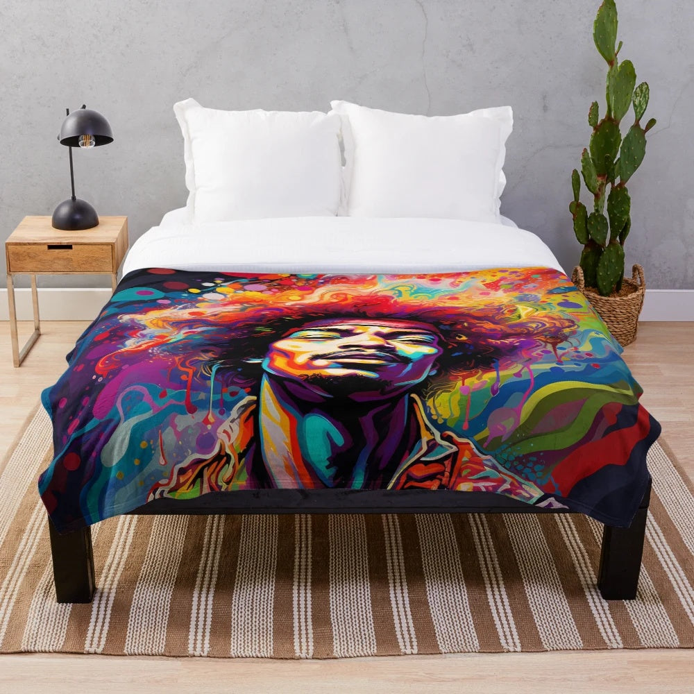 Jimi Hendrix inspired plush blanket with psychedelic and abstract guitar design