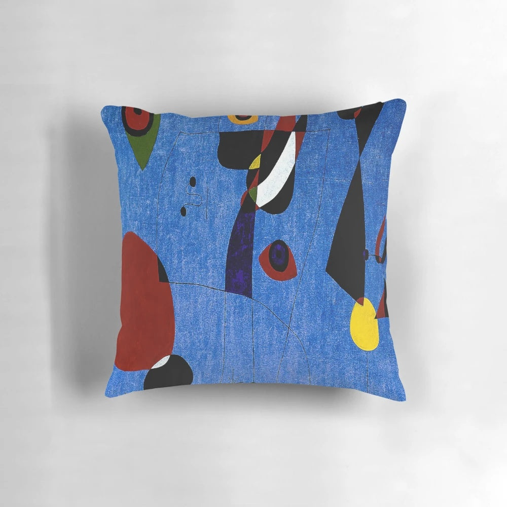 Colorful abstract art painting pillow featuring the iconic style of renowned artist Joan Miró