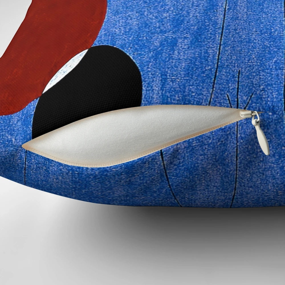 Colorful abstract art painting pillow featuring the iconic style of renowned artist Joan Miró