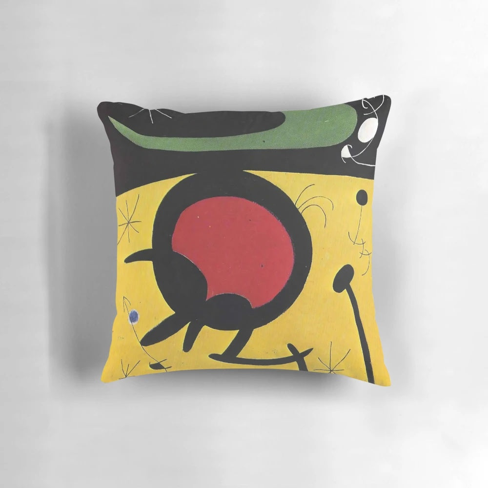 Colorful abstract throw pillow inspired by the paintings of Spanish artist Joan Miro