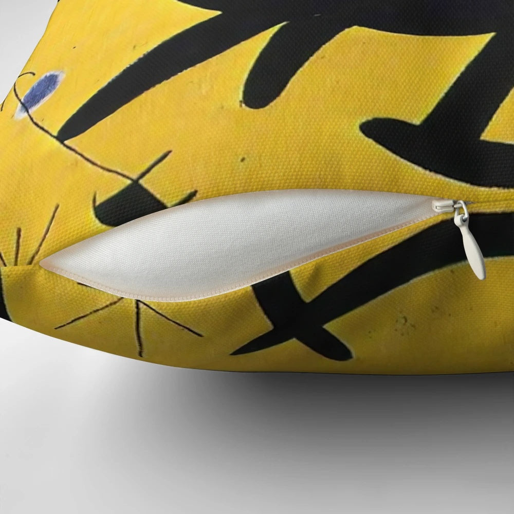 Colorful abstract throw pillow inspired by the paintings of Spanish artist Joan Miro