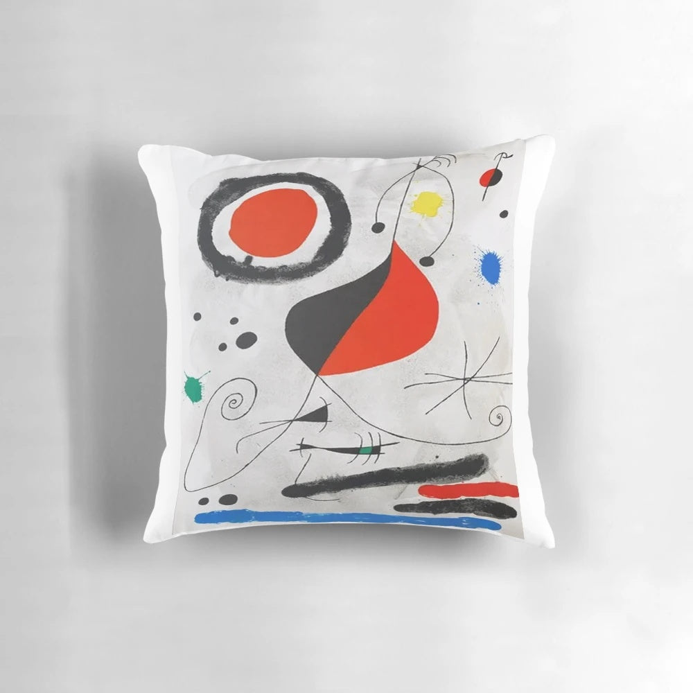 Colorful Joan Miro lithograph print decorative pillow featuring the iconic Spanish artist's abstract surrealist style.